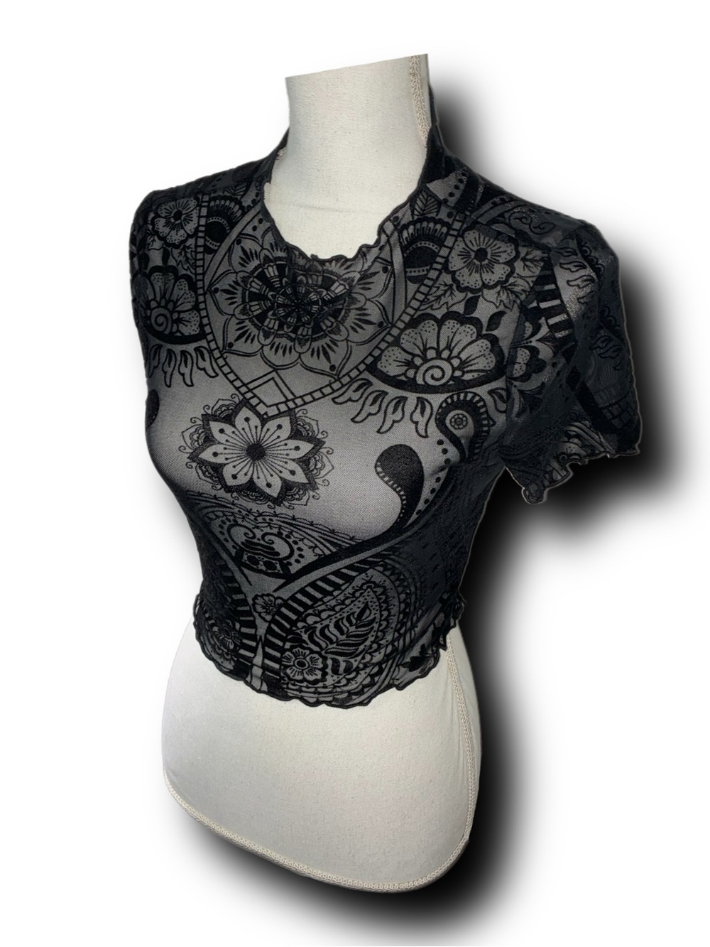 Mandala and Paisley Print Sheer Lettuce Hem Cropped Top Whimsigoth Vibes - Picture 2 of 4